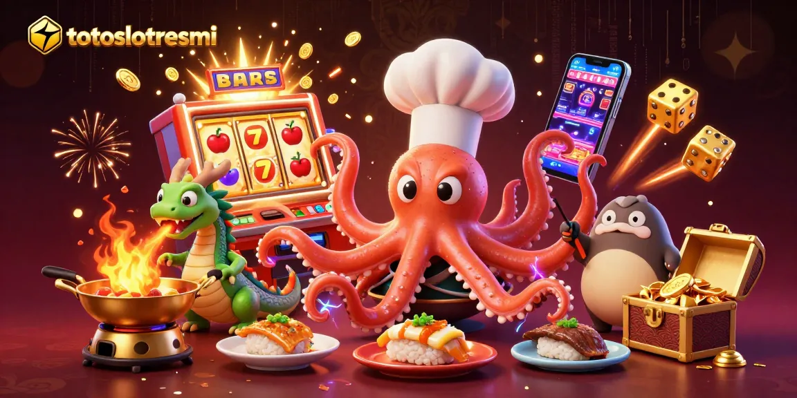 Experience thrilling jackpots with totoslotresmi's vibrant sushi chef octopus, lucky symbols, and golden treasures.