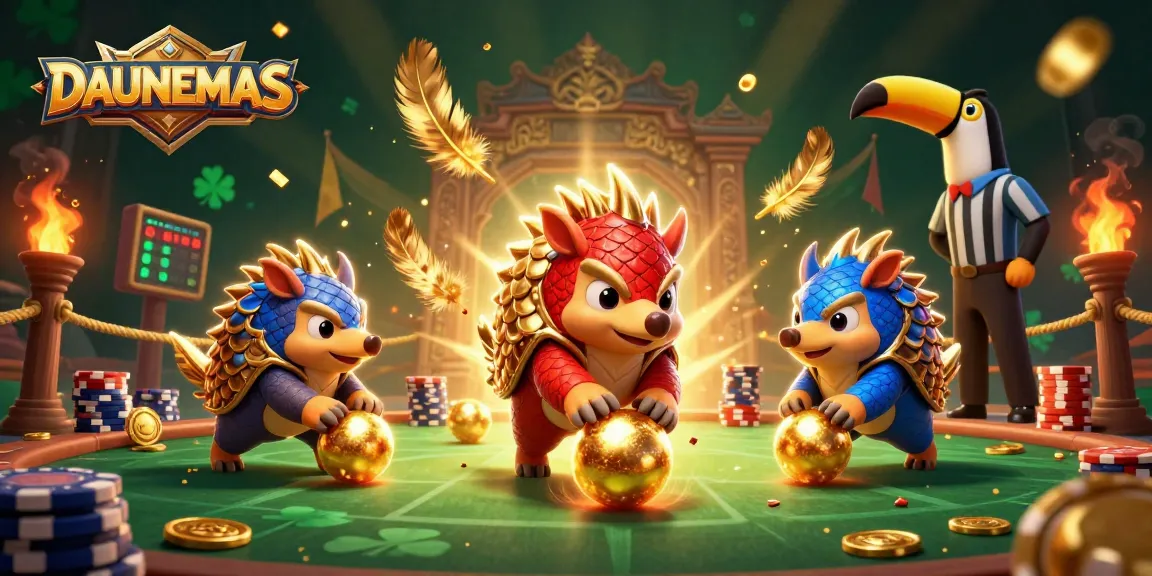 DAUNEMAS pangolins rolling golden balls in a vibrant casino scene with poker chips and confetti